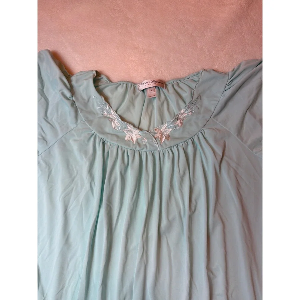 Miss Elaine Classics Women Light Blue Floral Embroidered Maxi Nightgown Large